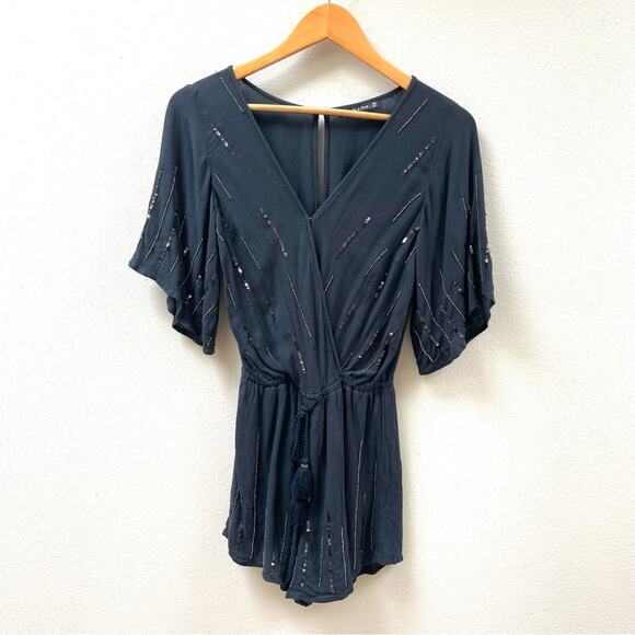 Abercrombie + Fitch Navy Blue Beaded Sequin Short Sleeve Romper, Women's Size XS - Picture 2 of 8